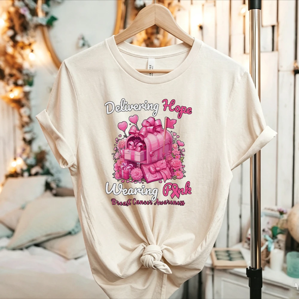 Delivering Hope Wearing Pink Mailbox Floral Pink Ribbon T-Shirt Breast Cancer Awareness Graphic Women Casual Inspirational Tops