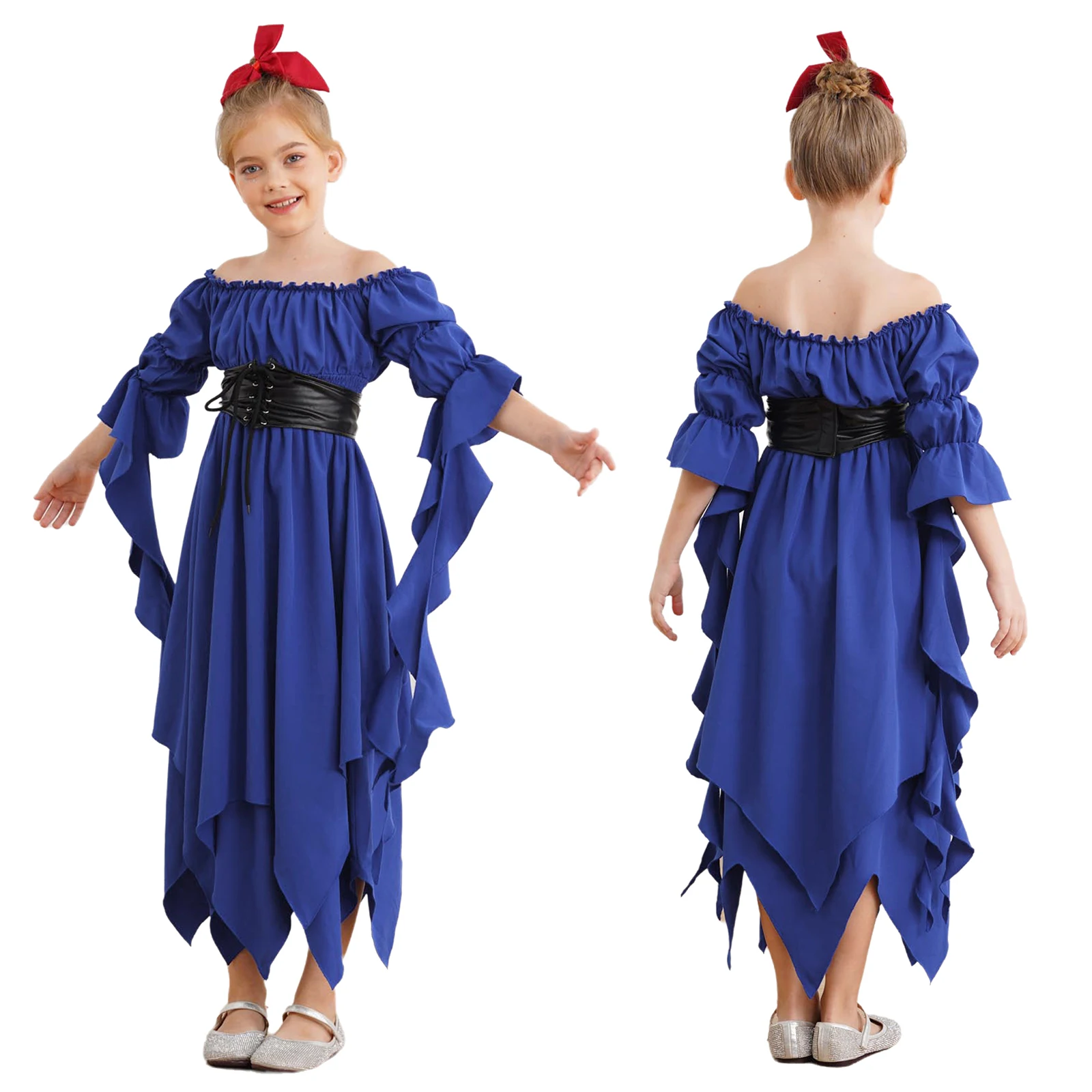 

Girls Medieval Renaissance Gothic Costume Halloween Fairy Fancy Dress Up Off Shoulder Irregular Dress with PU Leather Corset