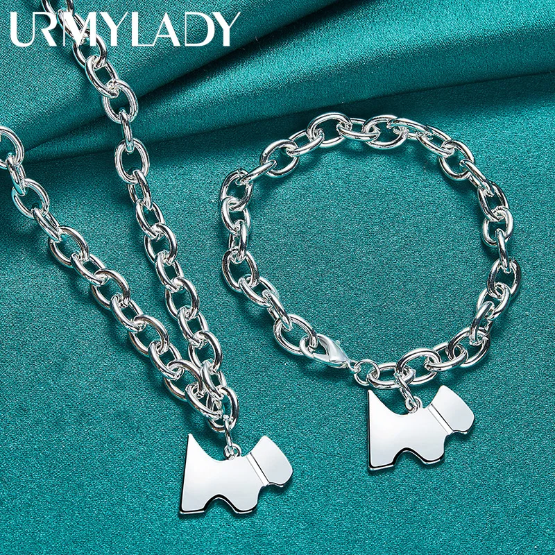 

URMYLADY 925 Sterling Silver Lucky DOG Bracelet Necklace Jewelry Set For Women Fashion Charm Lobster Clasps Wedding Party