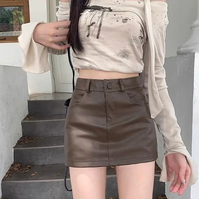 Black high waisted PU leather skirt  women autumn and winter short skirts 2024 new versatile dress A-line hip wrap skirt