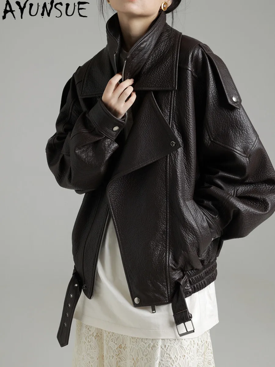 AYUNSUE Real Leather Jacket Women Autumn Clothes 100% Little Lamb Leather Coat Woman Black Brown Fashion Belt Jaqueta Couro