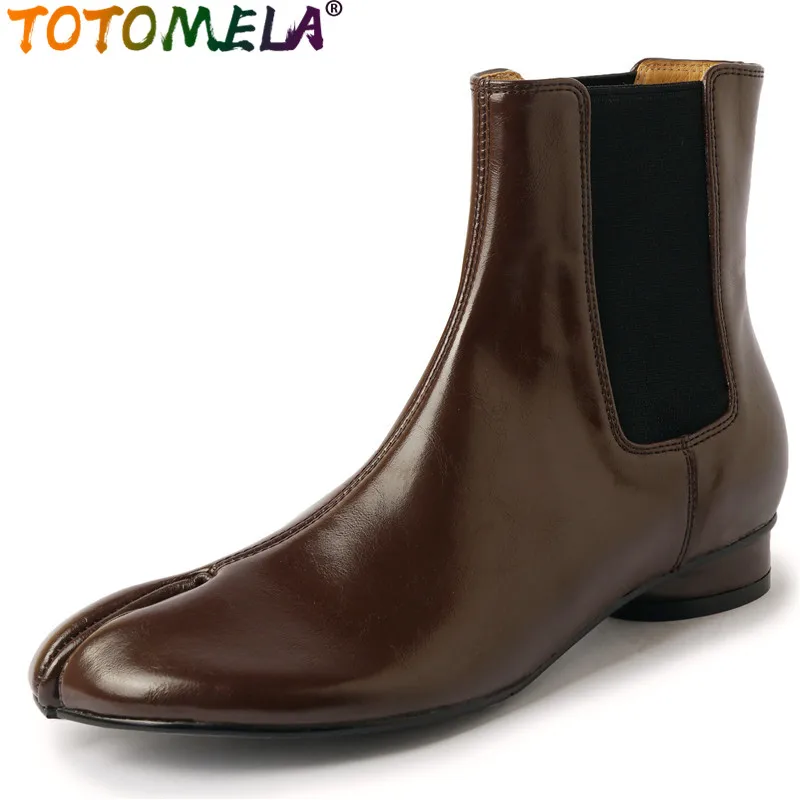 

TOTOMELA 2024 New Unique Female Slip On Winter Boots Retro Genuine Leather Mixed Colors Boots Square Low Heels Ankle Boots