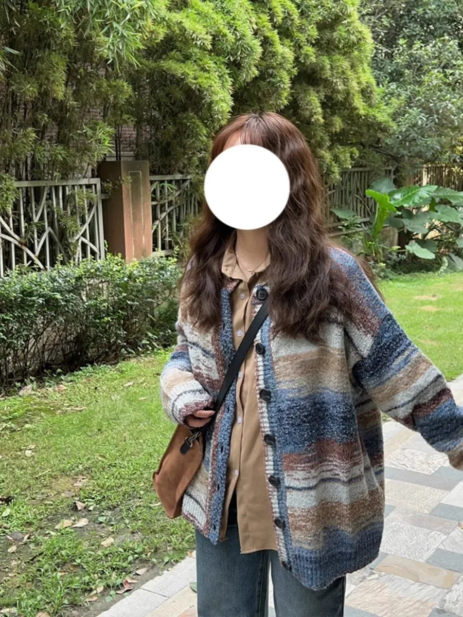 

Женский вязаный открытый кардиган, свитер, свободный крой, полосатый ленивый крой, весна-осень, корейская верхняя одежда ранней осени, Новое поступление 2023 г.