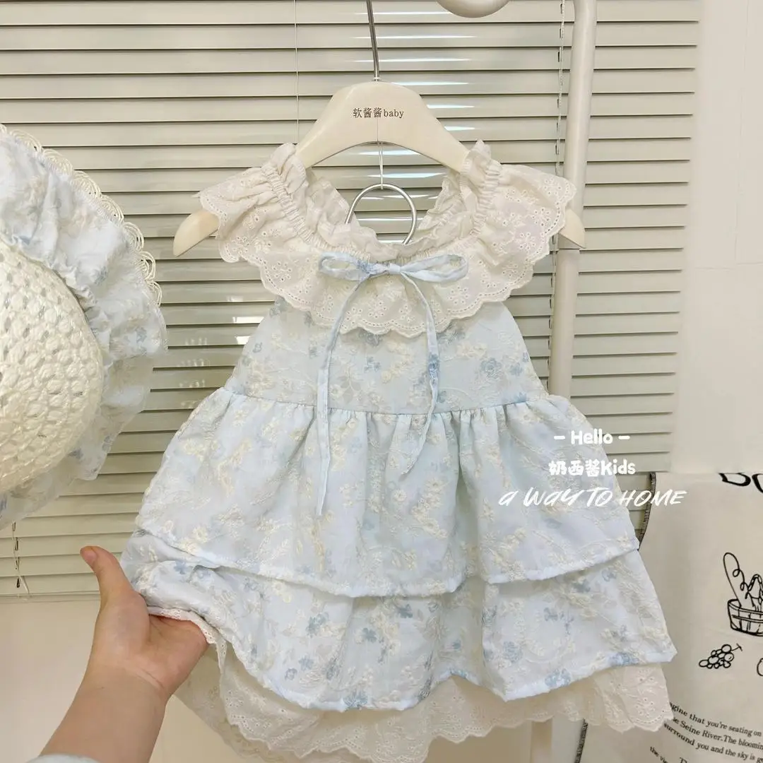 

Girls Skirt 2025 Summer New Childrens Clothing Korean Style Girls Baby Mint Mambo Lace Sweet Floral Dress Casual and Simple