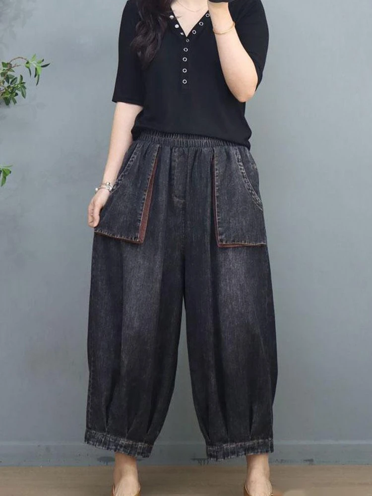 Three dimensional pocket denim lantern pants women spring new retro casual loose elastic waist wide leg nine cropped pants