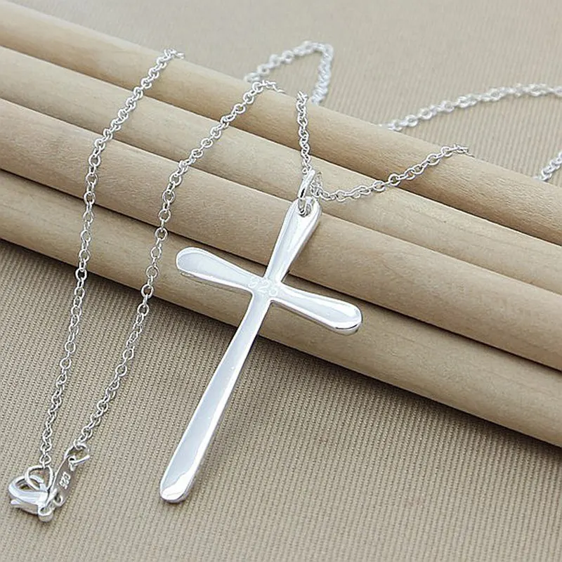 

New Punk 925 Sterling Silver 18 Inches Fine Cross Necklace For Women Men Fashion Charm Wedding Gift Jewelry Accessories