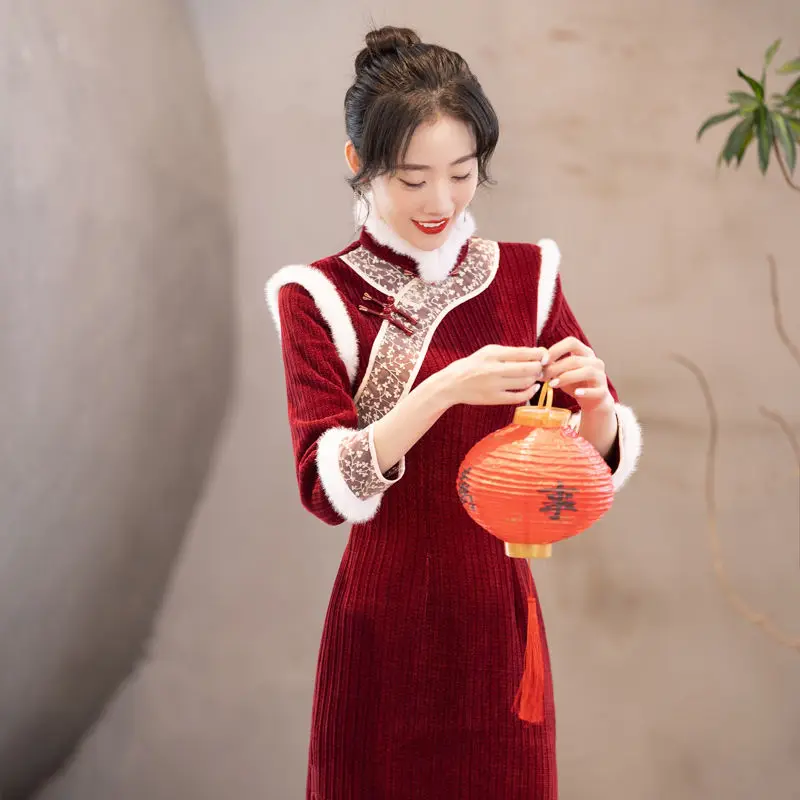 

New Chinese Red Spring Festival New Year Cheongsam Young Lady Winter Adults Red Vintage Clothes Oriental Style Dress