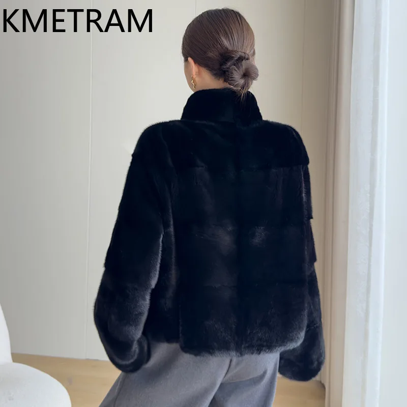 سترة KMETRAM 100% من فرو المنك بالكامل للنساء بياقة واقفة سترات قصيرة من الفرو الحقيقي باللون الأسود لشتاء 2025 جديدة في معاطف ملابس نسائية #3
