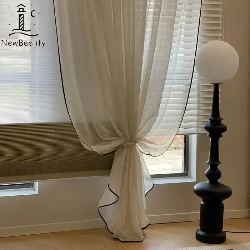 Linen White Tulle Retro Cream Sheer Curtains for Living Room Bedroom Dining Luxury Black Edge Blackout Decor Window Gauze Custom