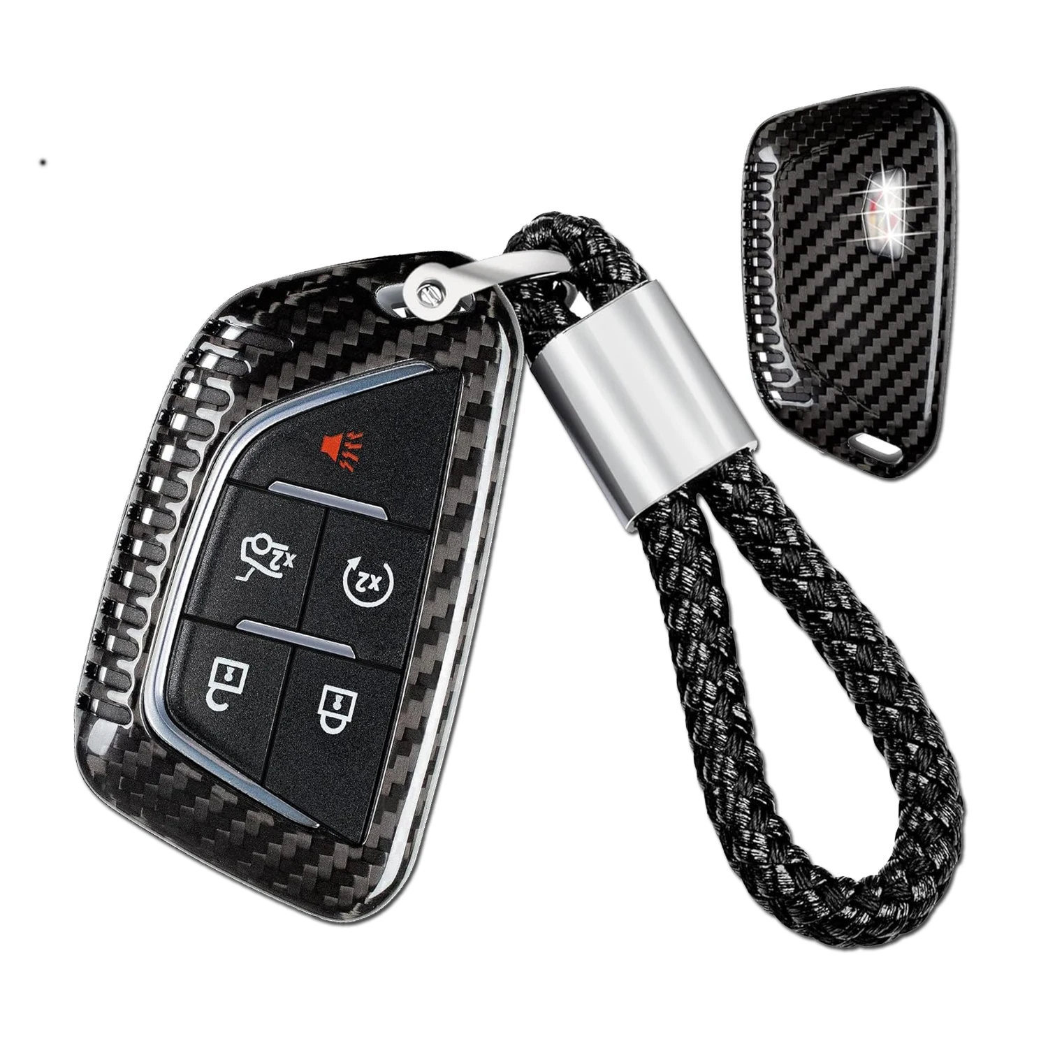 Real Carbon Fiber Key Fob Case Cover Shell Protector with Keychain for Cadillac Escalade CT4 V Cadillac CT5 Sport (BLACK))