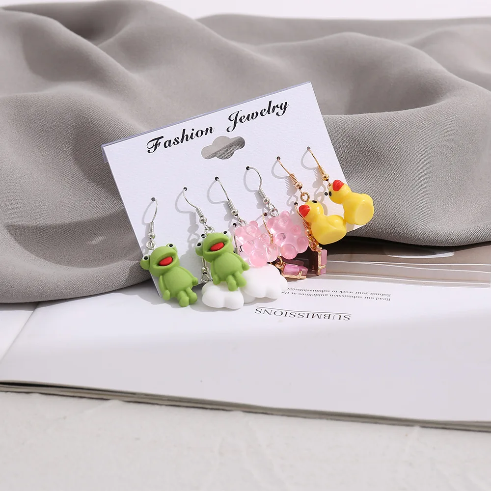 5Pcs/Set Creativity Animal Frog Duck Dangle Earring Clouds Gummy Bear Drop  Funny For Woman Girl Kids Gift Punk Jewelry