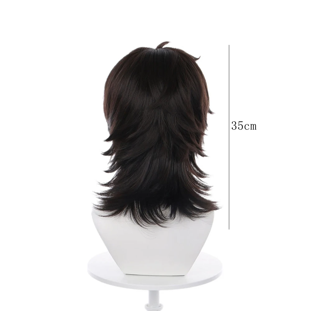 Medium Length Dark Brown Synthetic Cosplay Wig for Anime Characters, Layered Fluffy Style with Natural Curl Ends