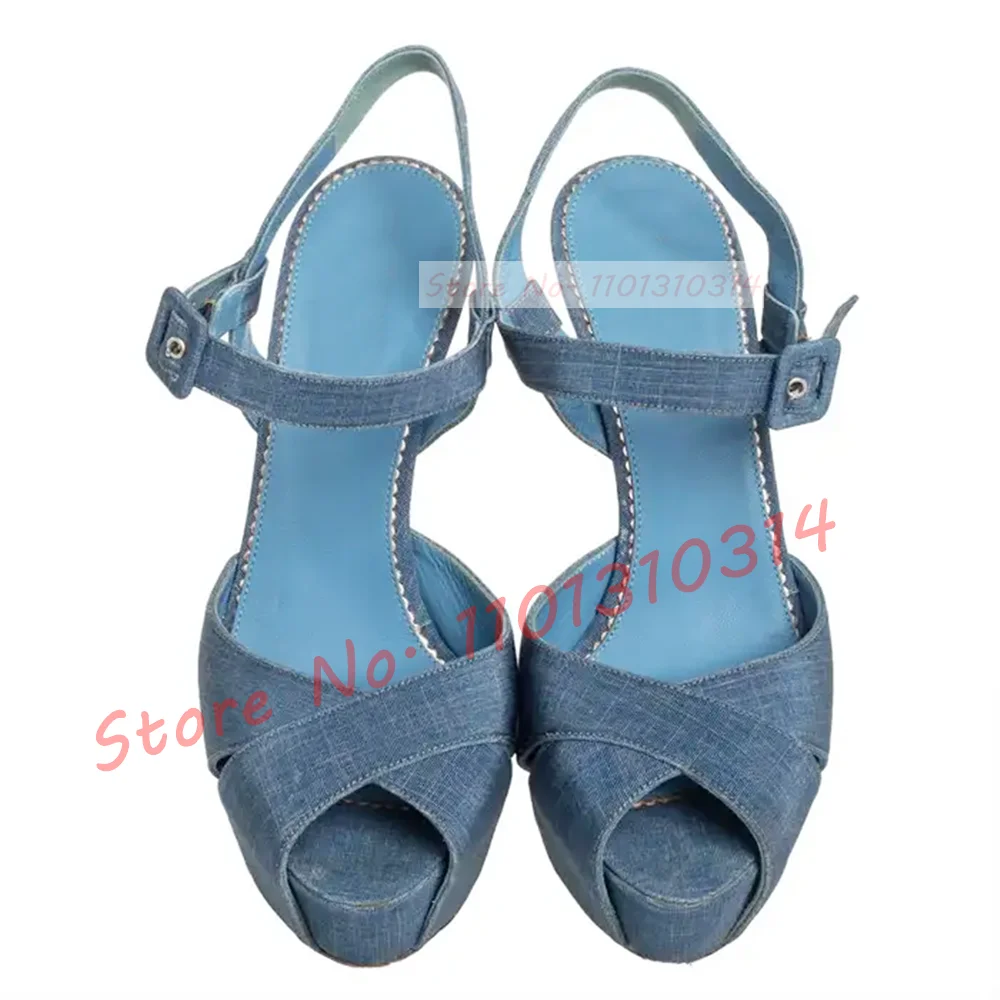 Covered Platform Diamond Sandals Women Glittery Cross Strap High Thin Heels Shoes Female Summer New Denim Elegant Party Sandals image 6