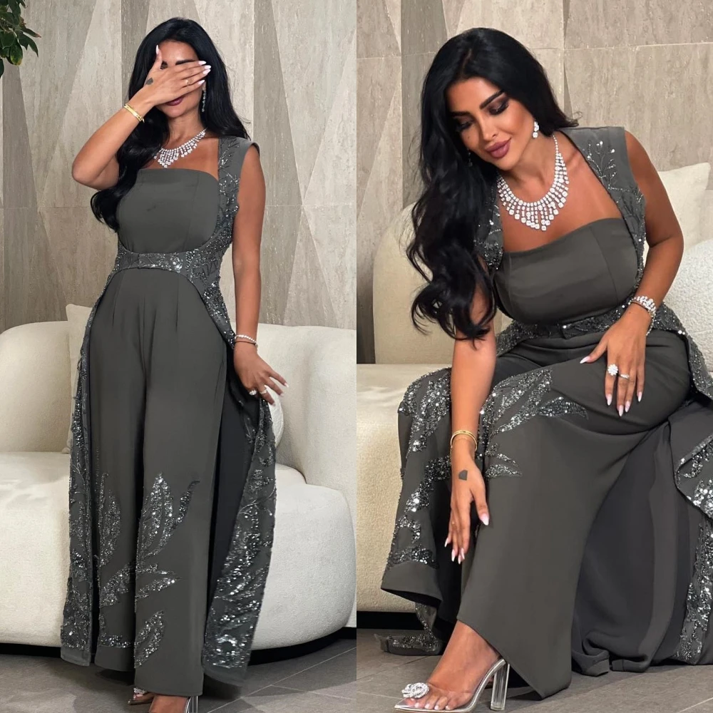 Vintage Evening Dresses Square Neck Sequined Prom Dress Chiffon Beading Luxury Saudi Arabia Formal Occasion Wedding Party Dress