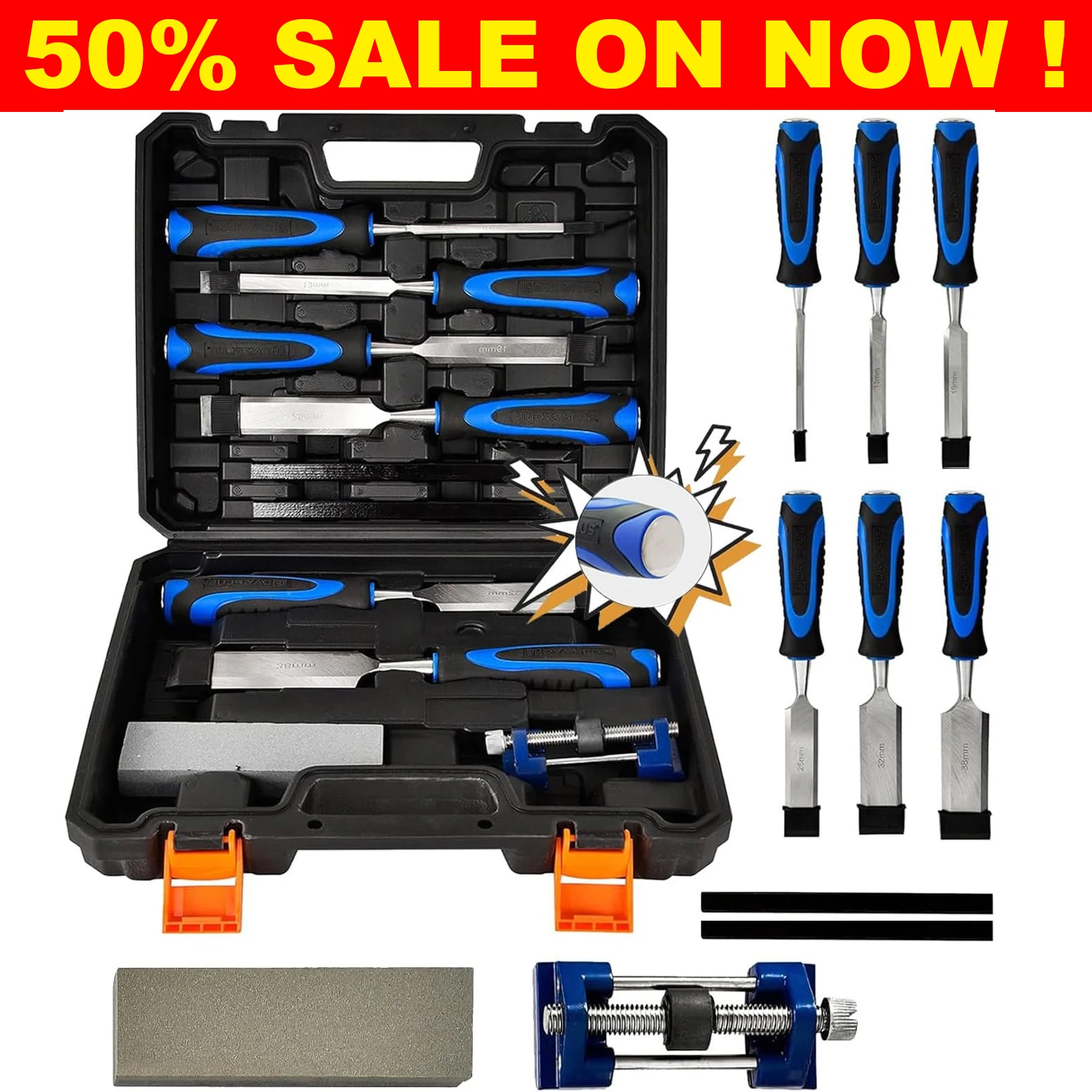 Set di scalpelli per legno, 8 pezzi, con set di utensili per intaglio del legno e guaina protettiva con impugnatura ergonomica, ideale per lavori di falegnameria. Scalpelli con lama smussata in