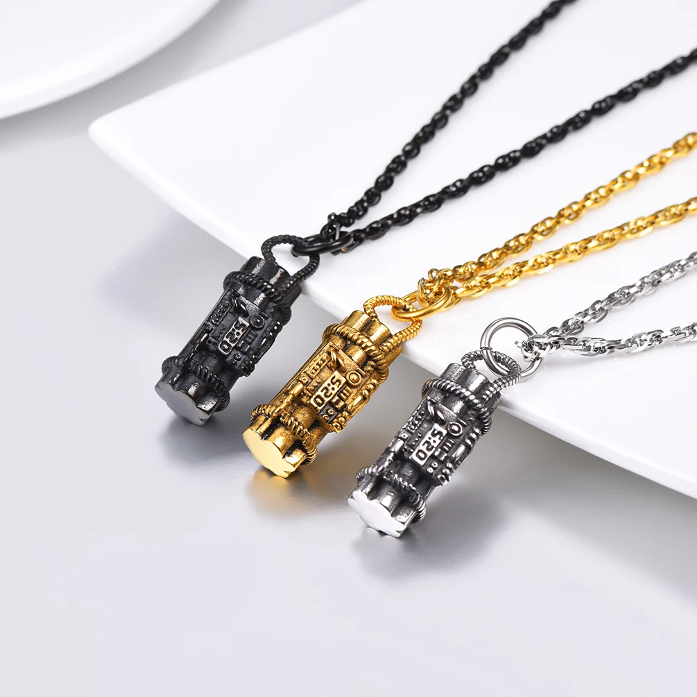 PROSTEEL Hip Pop Rock Pendant Men Boy Military Dynamite Shape Stainless Steel Necklace with 14K Gold/Black Plated Tone PSP3016