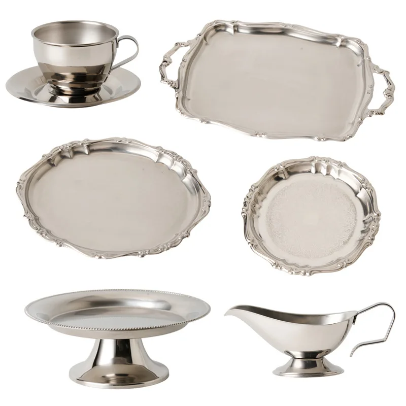 

Stainless steel retro European baroque dessert plate coffee cup oval tray