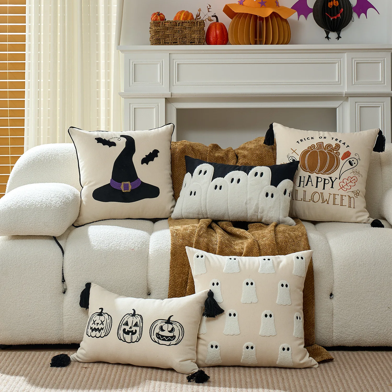 

Halloween Cushion Cover Pumpkin Ghost Embroidery Cute Reversible PillowCase Soft Decor for Sofa Living Room Funny Party Supplies