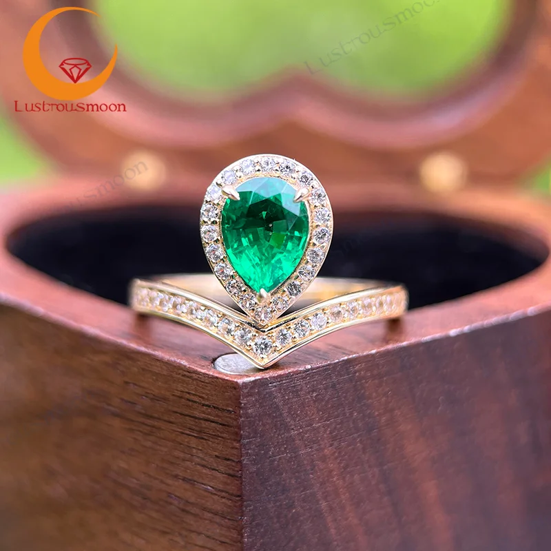 

Rings Gift Lab Grown Colombia Emerald with White Sapphire Gems Pear Cut Premium 9K Gold Jewelry Engagement Lovers Customized HOT