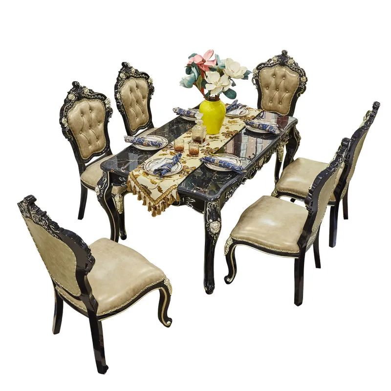 Dining table marble surface high-grade solid wood carving flower rectangular dining table