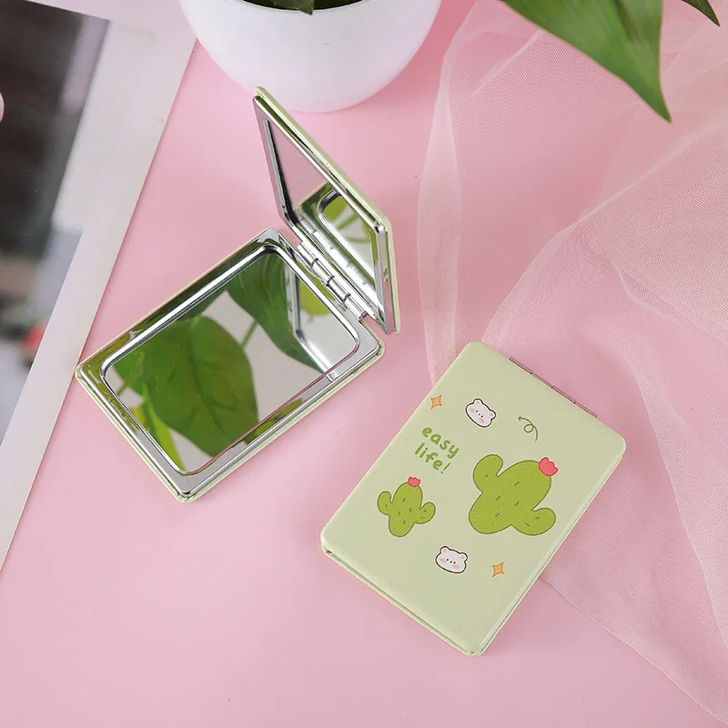 Rectangular Foldable Double-Sided Makeup Mirror Fruit Design Portable Handheld for Students Touch-up Compact PU Vanity Mirror