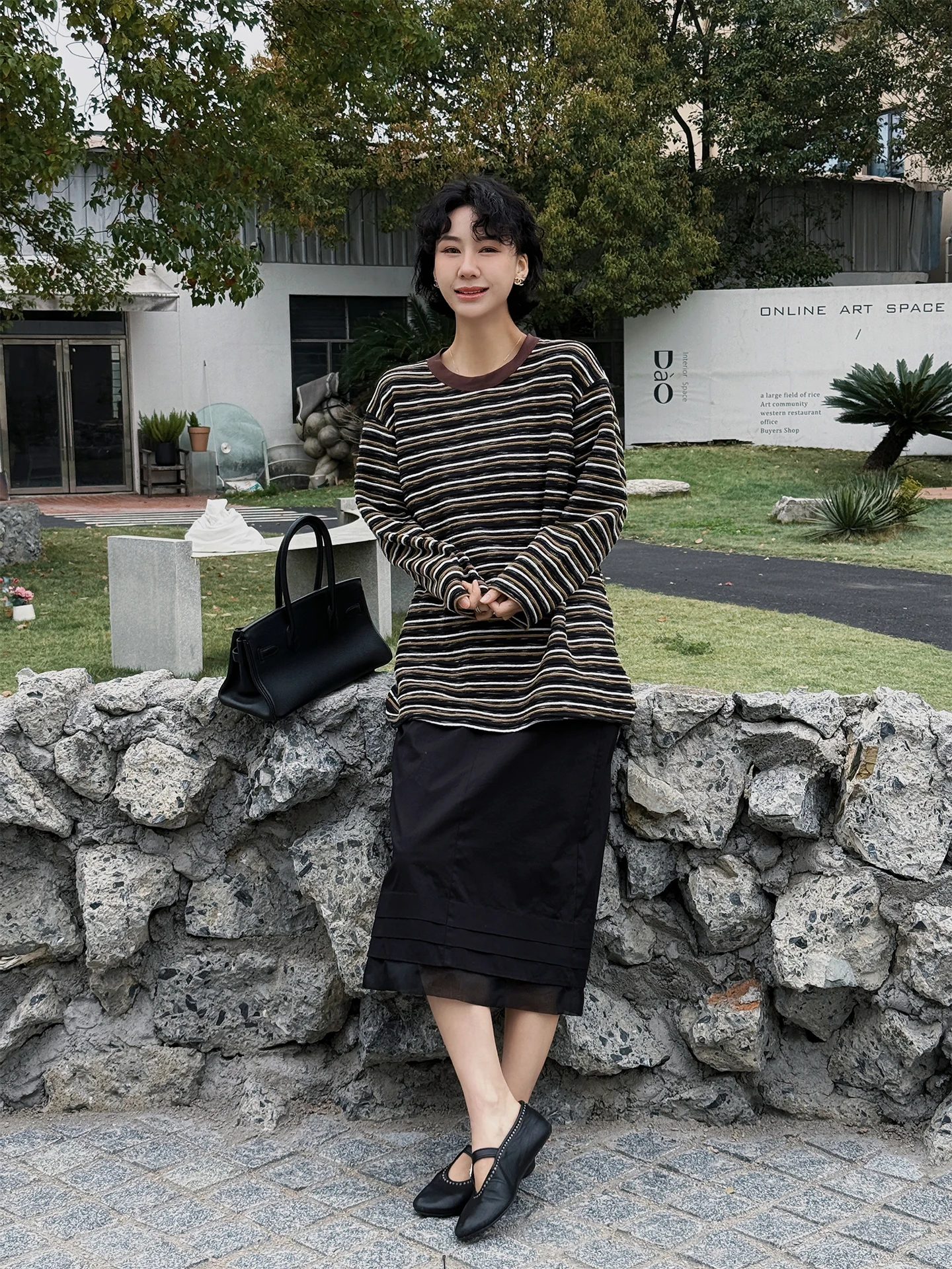 

TT Striped Law Lazy Sle Women's T-irt Spring Early Small Aosphere Feeling Long Sve Cotton round Ne Top