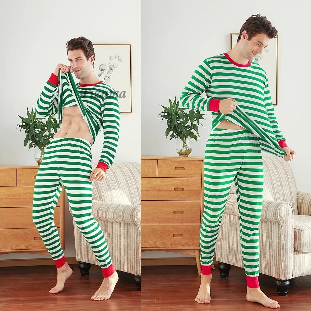 Family Matching Pajamas Sets New Year Couples Pyjamas Green/White Striped Christmas Pajamas Family Look Xmas Striped Homewear