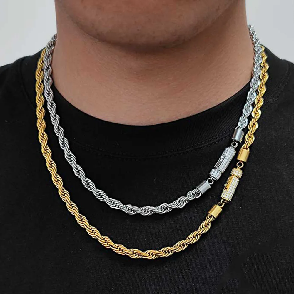 New Style 6mm Iced Out Clasp Rope Chain Stainless Steel Twist Rope Chain Necklace Jewelry For Women Drop Shipping