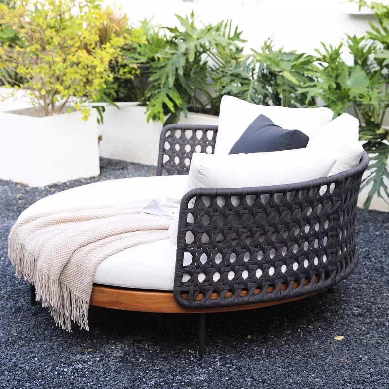 Modern Outdoor Double Teak Sofa Rope Weaving Craft Set Durable PE Wicker Rattan Waterproof Weather Resistant Quick-Dry Cushions