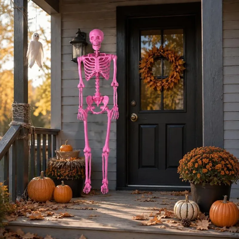 Squelette grandeur nature rose vif en PP et PE résistant, articulé sur plusieurs points, pliable, rangement économique, sans assemblage, décoration d'Halloween pour intérieur, extérieur, maisons hantées et