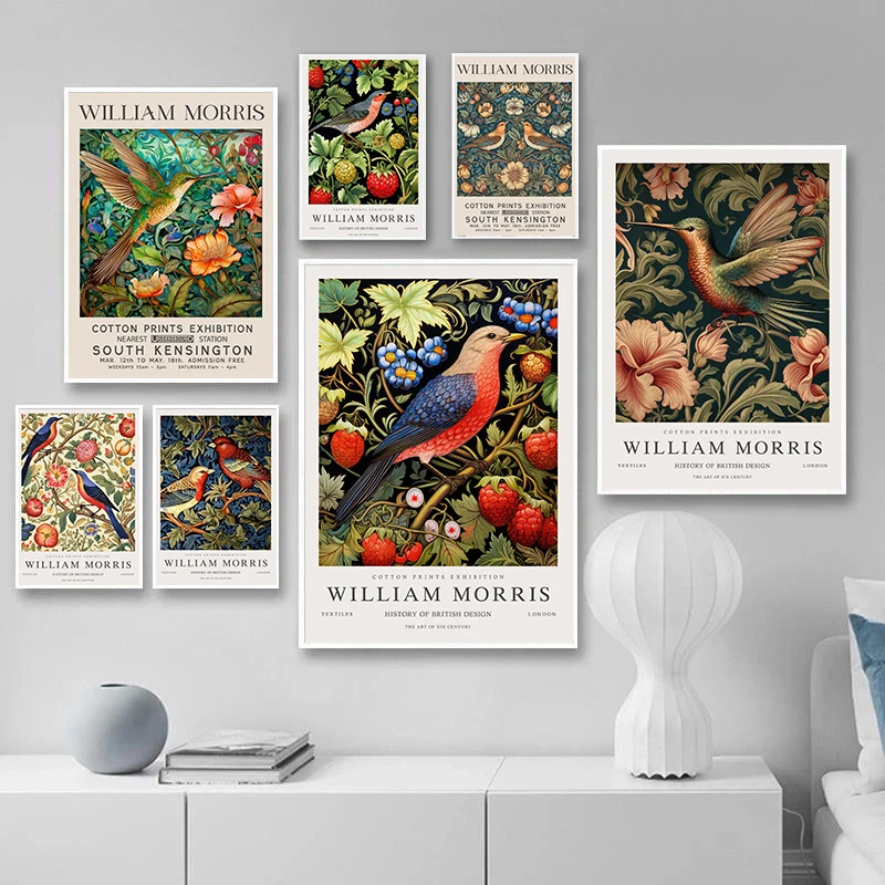 Vintage William Morris Bird Exhibition Poster and Prints Canvas Painting Wall Art Hummingbird Picture for Living Room Home Decor