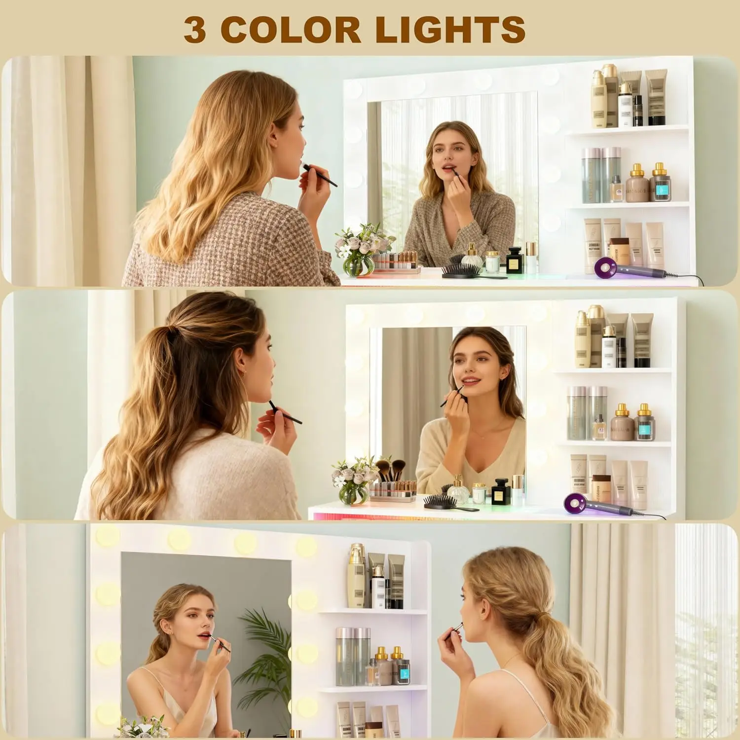 White Wooden Makeup Vanity with Tempered Glass Top, RGB Drawer & Cabinet for Bedroom view 4