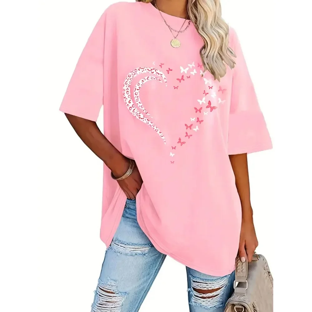 Women Solid Heart Print Loose Fit Round Neck Short Sleeve T Shirt Casual Soft Breathable Flattering Comfy Versatile New
