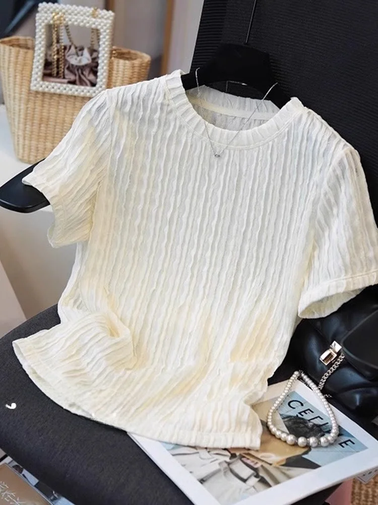 

Simple Fold Design ort Sve T-irt Women's Summer Faionable Pure Color Base irt Top Korean Sle Loose Fit round Ne