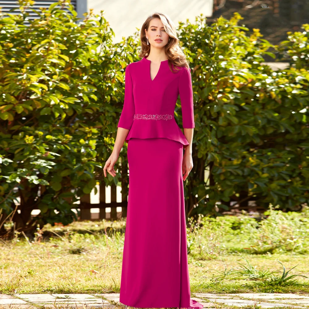 

2025 Elegant Hot Pink Women Evening Formal Dresses V Neck 3/4 Sleeves Lace Beads Satin Prom Celebrity Gowns Robe De Soiree