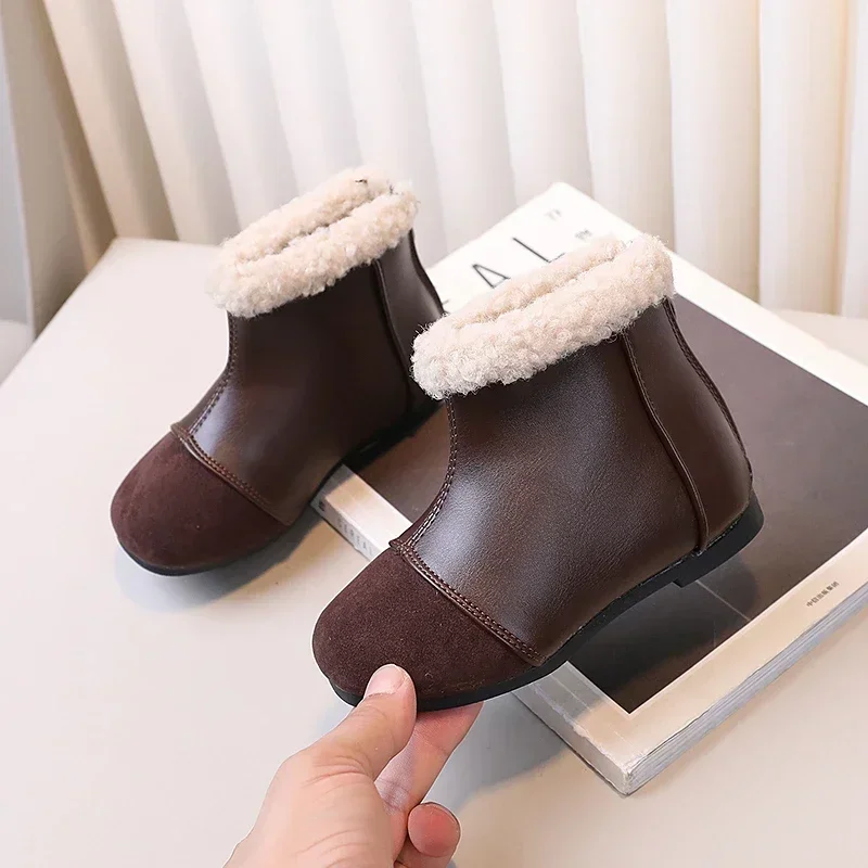 Girls Ankle Boots Fashion Versatile Kids Short Boots Pu Leather Round Toe 2024 Brand New Girls Snow Boots Warm 21-30 Non-Slip