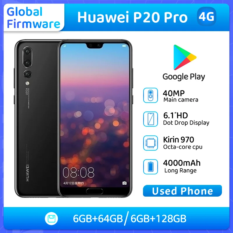 هاتف Huawei P20 Pro 4G EMUI RAM 6GB ROM 64GB/128GB 6.1 بوصة 2240*1080px 24MP + 40MP هاتف مستعمل