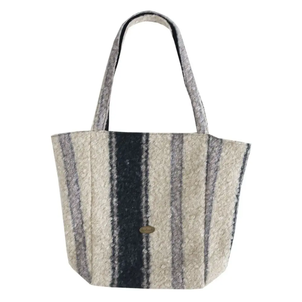 Casual Double-sided Tote Bag Striped Large Capacity Travel Shopping Bag Woolen Handbag