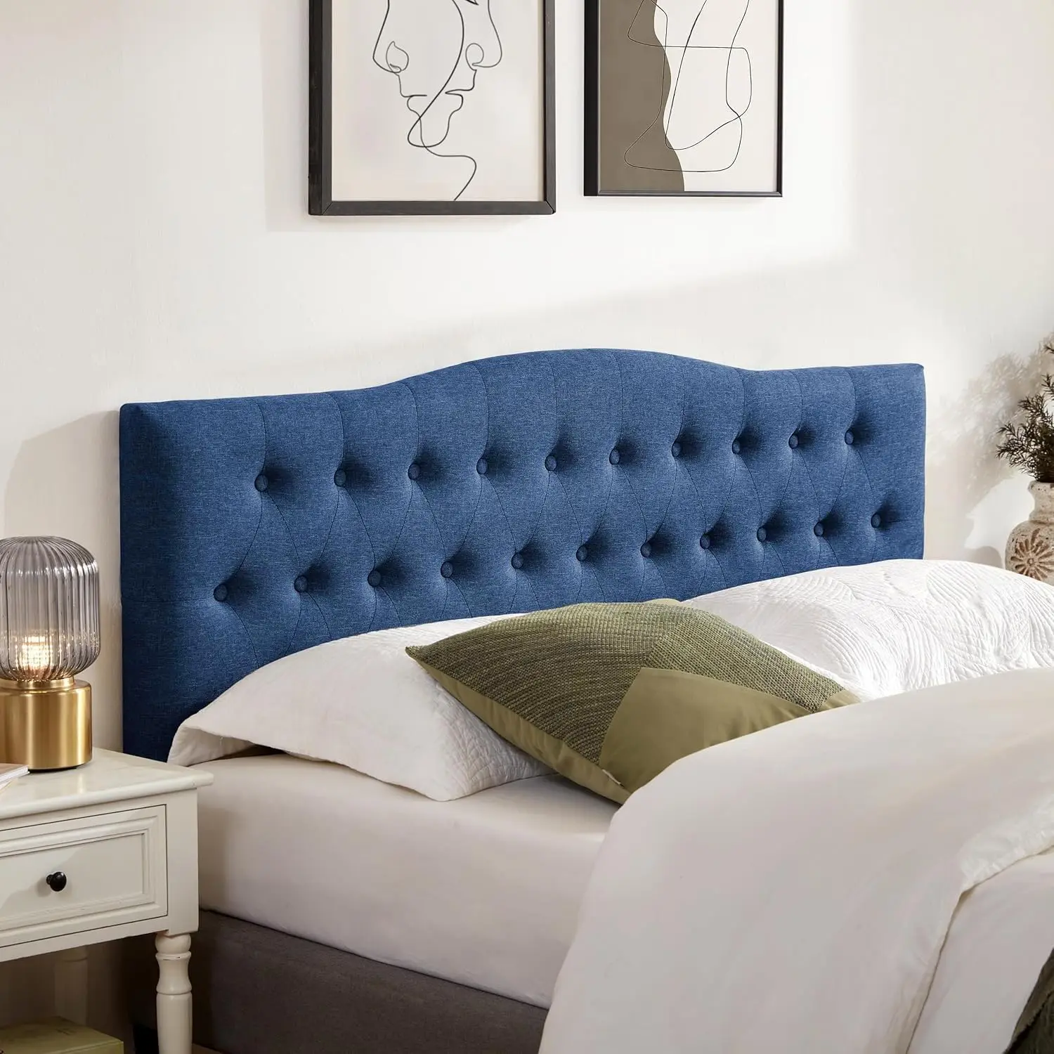 Tufted Headboard Full Size, Solid Wood Adjustable Height Head Board, Blue