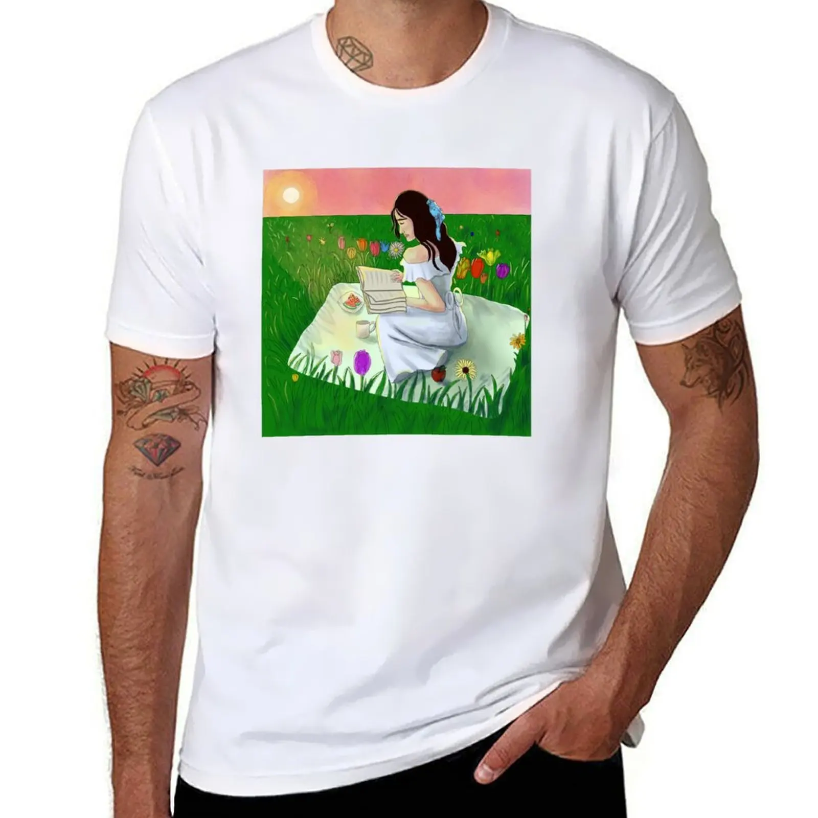 

Cute girl reading outdoors T-Shirt cotton t shirt man mens graphic t shirts T-Shirt