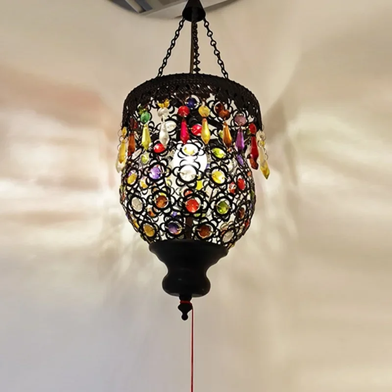 Manse coffee small chandelier Dai Thai hollow iron crystal bead chandelier, Morocco South East Asia style lamp