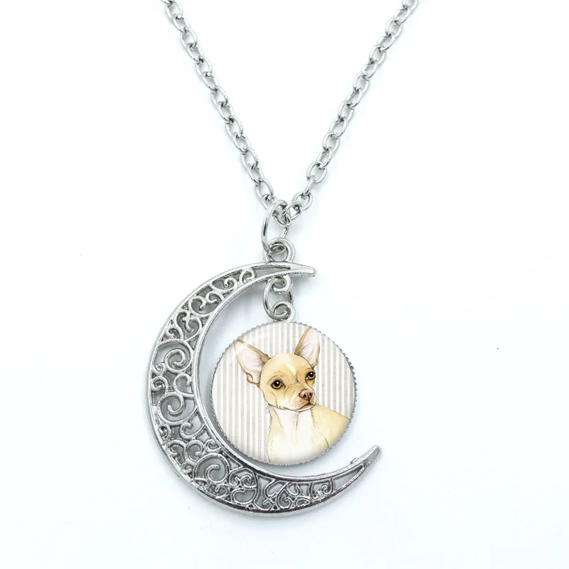 Cute Chihuahua Glass Dome Cabochon Crescent Moon Necklace Statement Jewelry Gifts