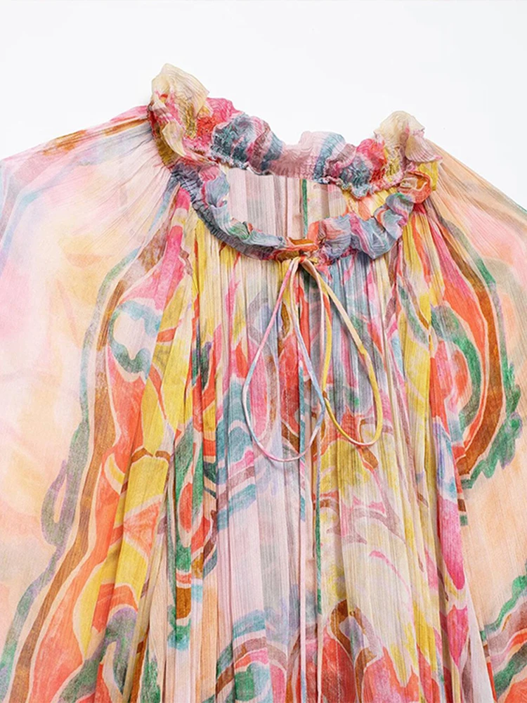 Elegant Print Long Dress Women Fashion Tie Dye Lantern Sleeve Female Dresses 2024 V-neck Loose Prairie Chic Holidays Lady Robe