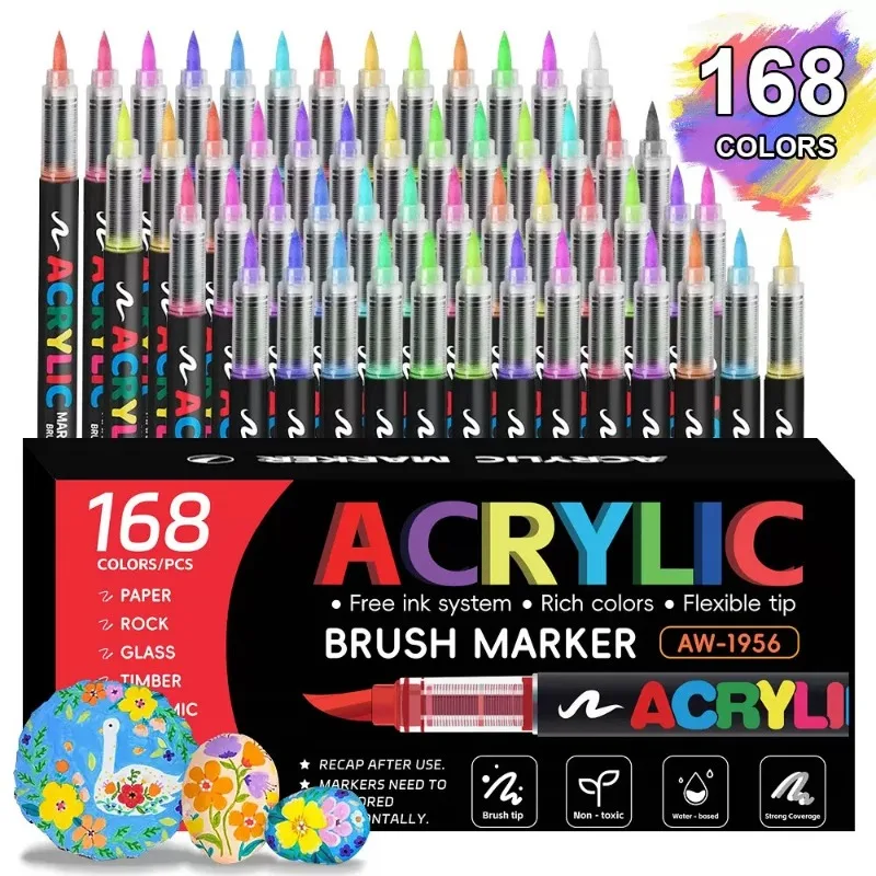 168/12 Colors Direct-liquid Acrylic Marker Pen Waterproof Pen Soft Brush Nib for Glass School Supplies Stationery PK GN GuangNa