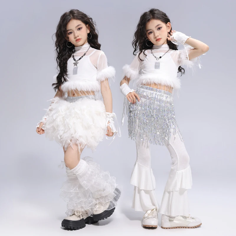 Meninas gaze colheita topo dança de rua crianças saias de lantejoulas hip hop jazz prata minissaia conjuntos de roupas criança streetwear trajes k-pop