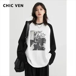 CHIC VEN Women's T-Shirts Loose Streetwear O Neck Long Sleeved Printed Tees Cotton Female Top Spring Autumn 2024