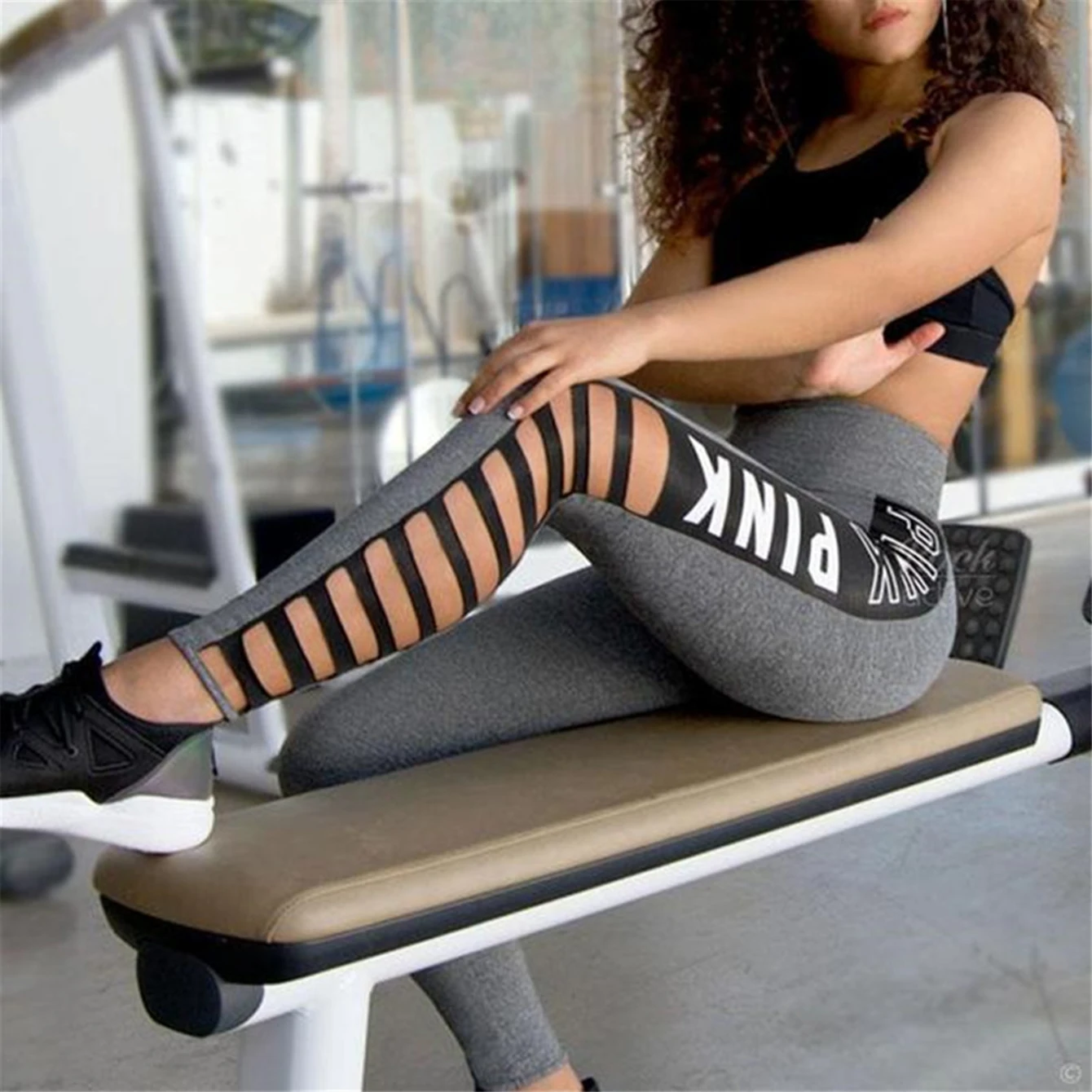 Hot-selling White Letter Printed Hole Nine-point Pant Women Fashion High Stretch Tight Leggings Side Hollow-legged Pants Women