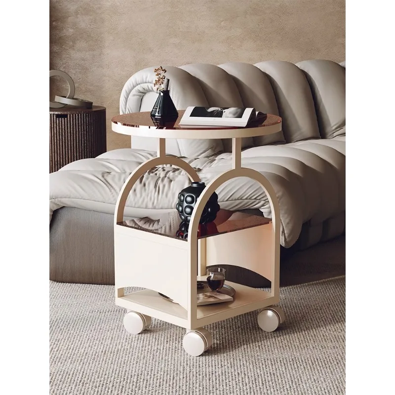 

A few trolleys by the sofa, shelves for storage, creative cream windshield, side table, removable small coffee table