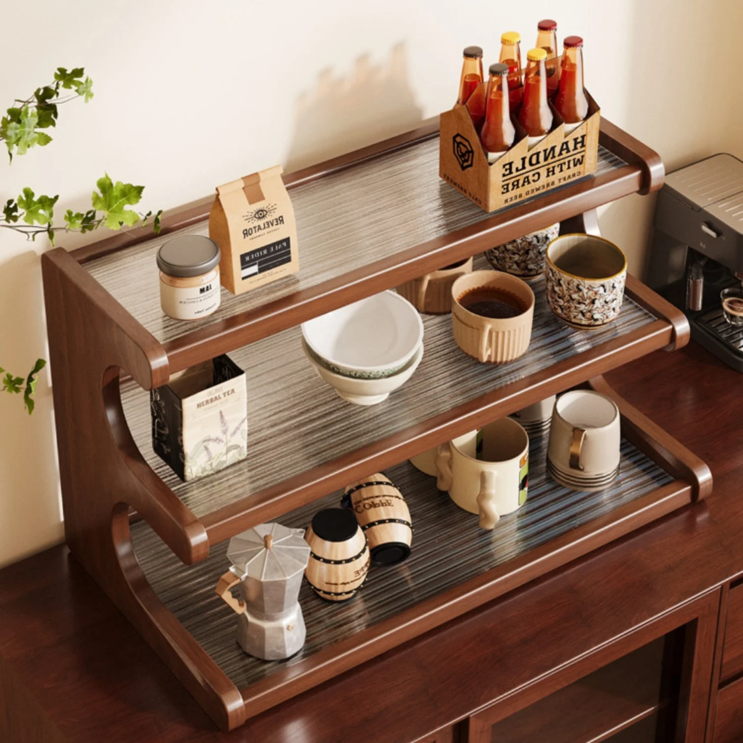 Wooden Desktop Storage Rack Multi-Tiered Organizer for Coffee Mugs, Teapots, Spices & More Desktop Storage Organizer