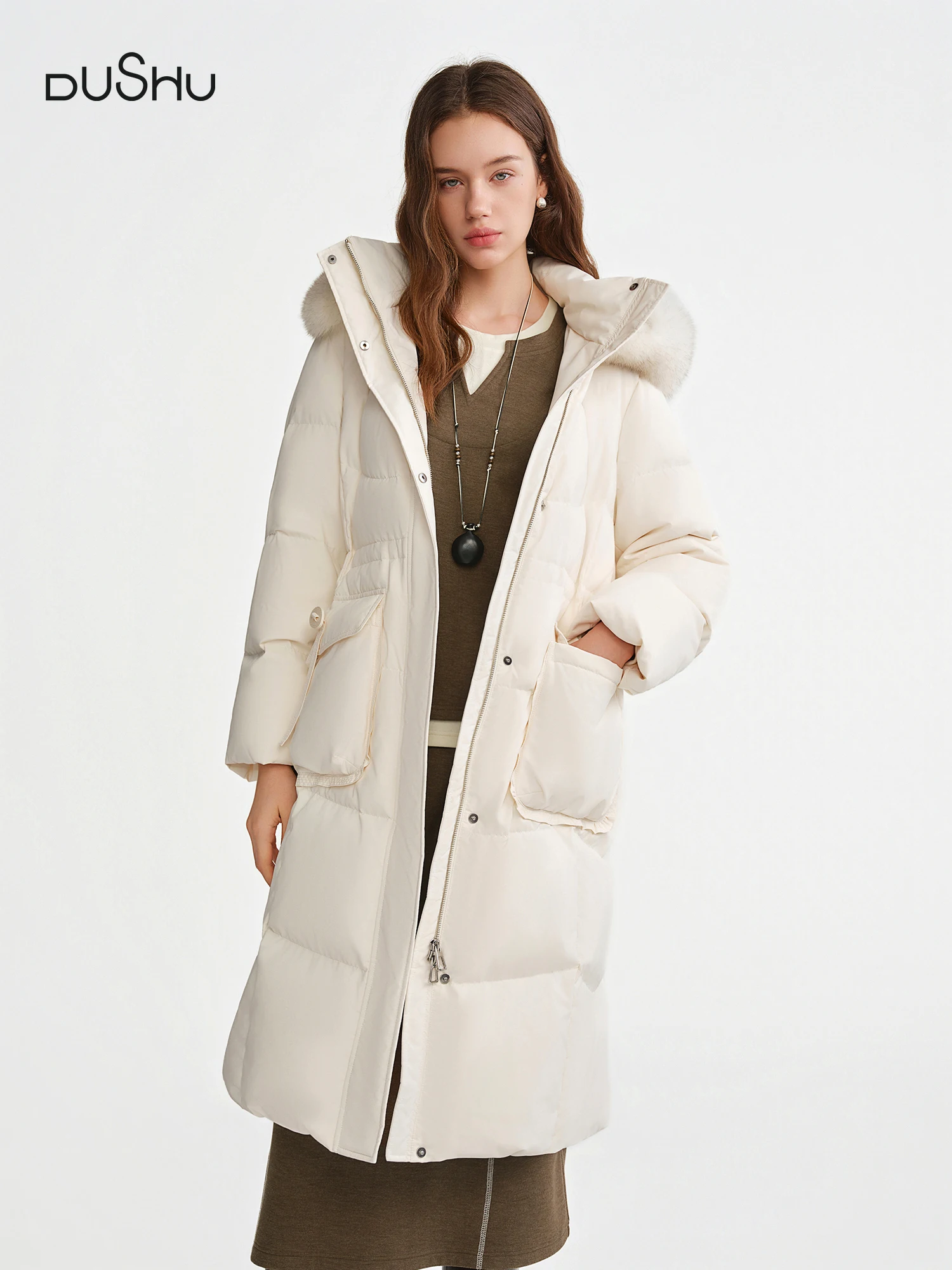 DUSHU الثعلب الفراء مقنعين سترة طويلة أسفل جديد الشتاء منتصف طول معطف الخصر محددة بسيطة فضفاضة تناسب الترفيه اليومية الدافئة كل مباراة Ins